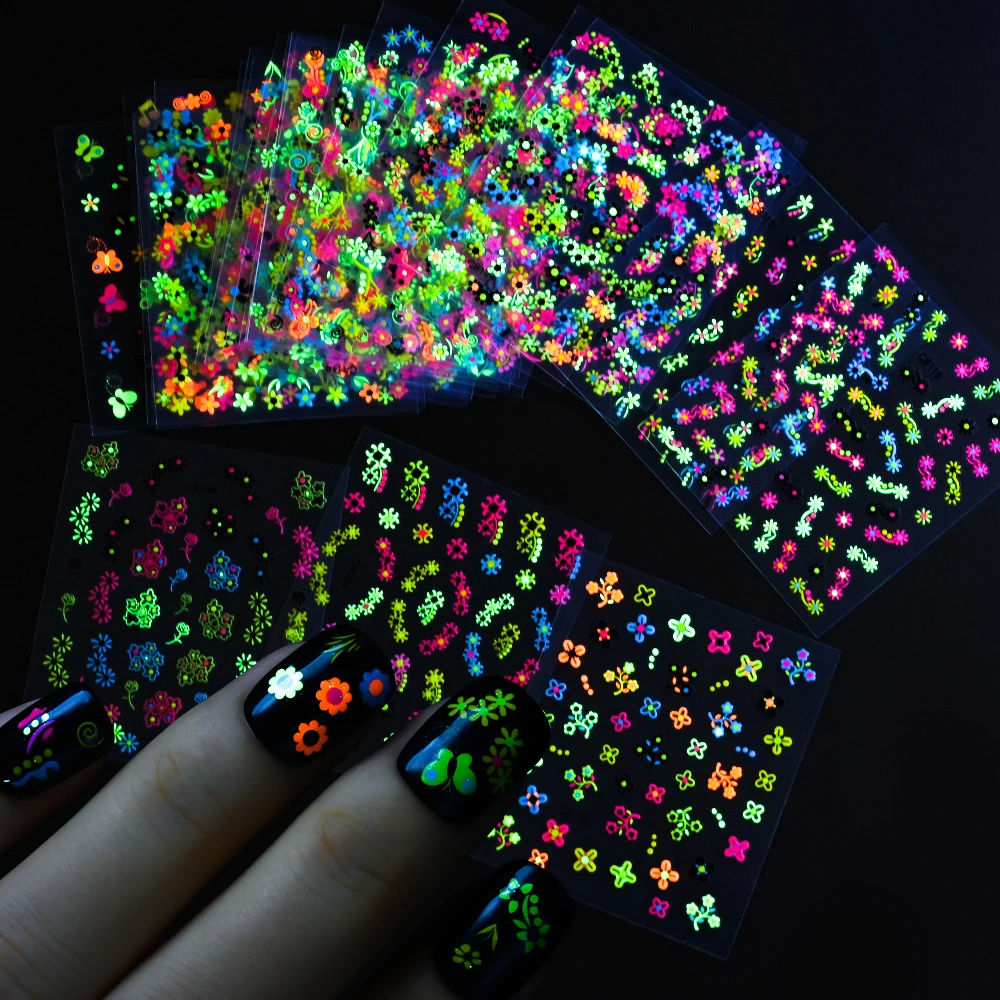 24Pcs Christmas Fluorescence Flowers Neon Nail Stickers 3D Kawaii Glow-In-Dark Floret Decal With Glitter Adhesive Flowers Slider