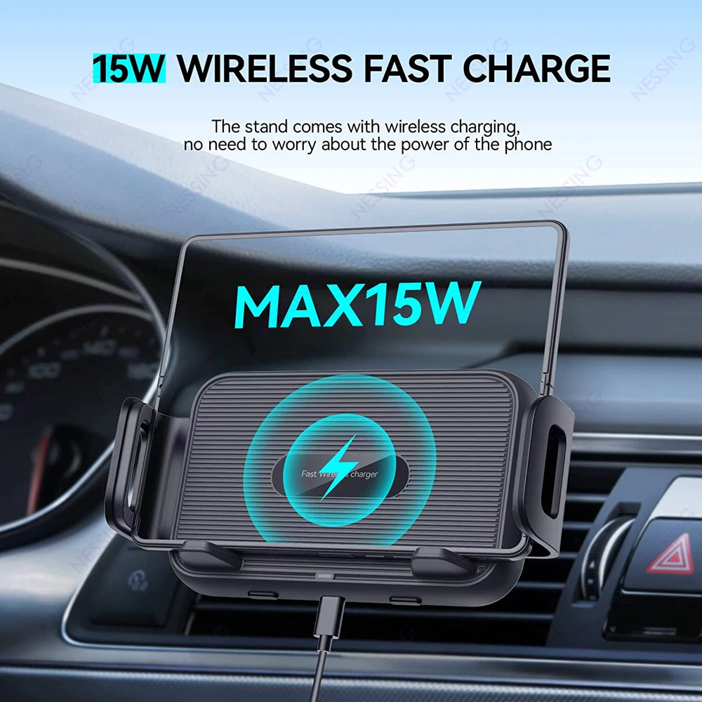 15W Qi Wireless Car Charger Car Mount for Samsung Galaxy Z Fold 4 Fold 3 Flip 4 2 5G iPhone 14 13 12 Auto Clamping Fast Charging