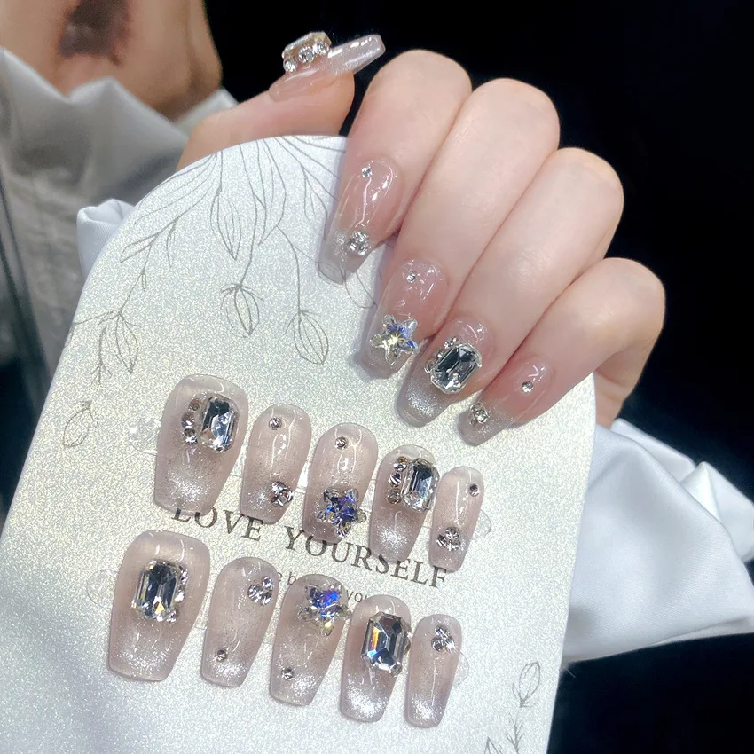 10Pcs Cat's Eye Press On Nail Handmade Nude Color Short T False Nails With Giltter Diamond Designs Full Cover Reusable Manicure