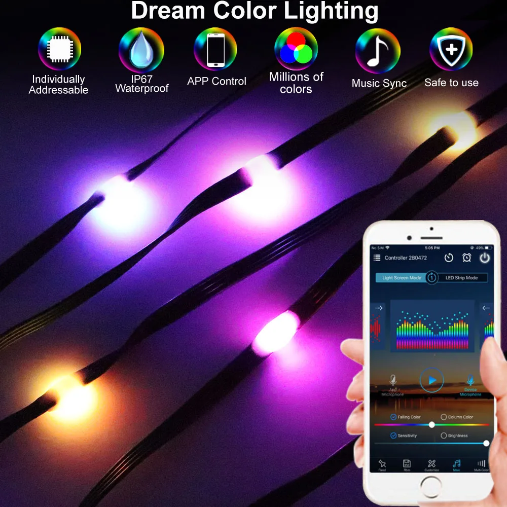 Dreamcolor LED String WS2812B RGBIC Lighting Addressable Individually Birthday Wedding Party Led Lights DC/USB Music Controller