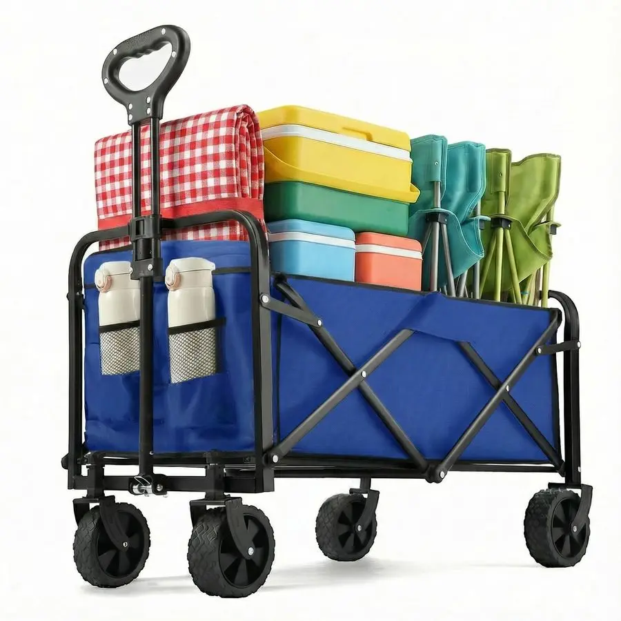

Wagon 220 lbs, Heavy Duty Wagon Carts Foldable, Portable Wagons for Groceries, Beach Cart with AllTerrain Wheels amp Drink Holde