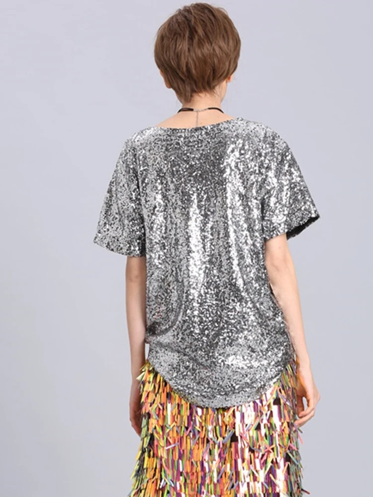 [EAM] Women Silver Color Sequin Big Size T-shirt New Round Neck Short Sleeve Fashion Loose Fit Tide Spring Summer 2024 1DF5329