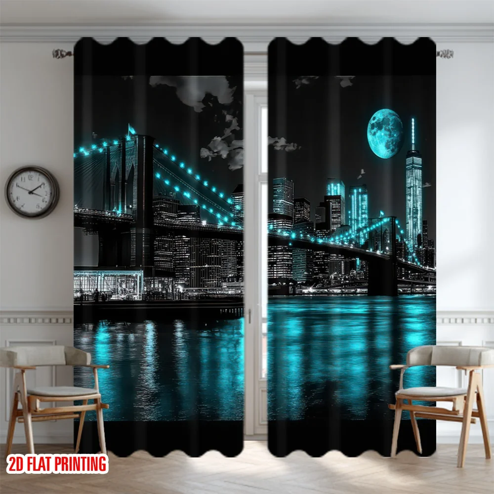 2D flat printing 2pcs Curtains Moonlit Cityscape Reflections Digital Printed Polyester Drapes Festive Holiday for New Year