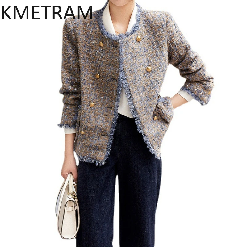 KMETRAM Natural Wool Tweed Jackets O-Neck Short Coat High Quality New in Outerwear 2024 Fall Clothes Women Chaquetas Para Mujer