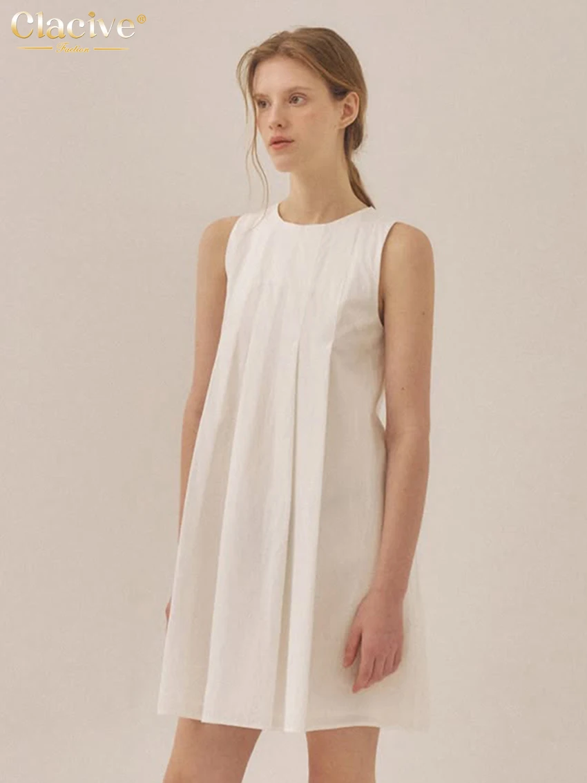 

Clacive Fashion Loose White Cotton Women's Dress 2026 Summer O-Neck Sleeveless Mini Dresses Elegant Classic Solid Female Dress
