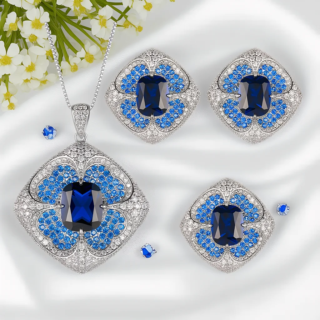 4pcs Elegant Vintage Jewelry Set for Women Blue Heart-shaped Petals Necklace Shiny Crystal Choker Bridal Wedding Earrings Party
