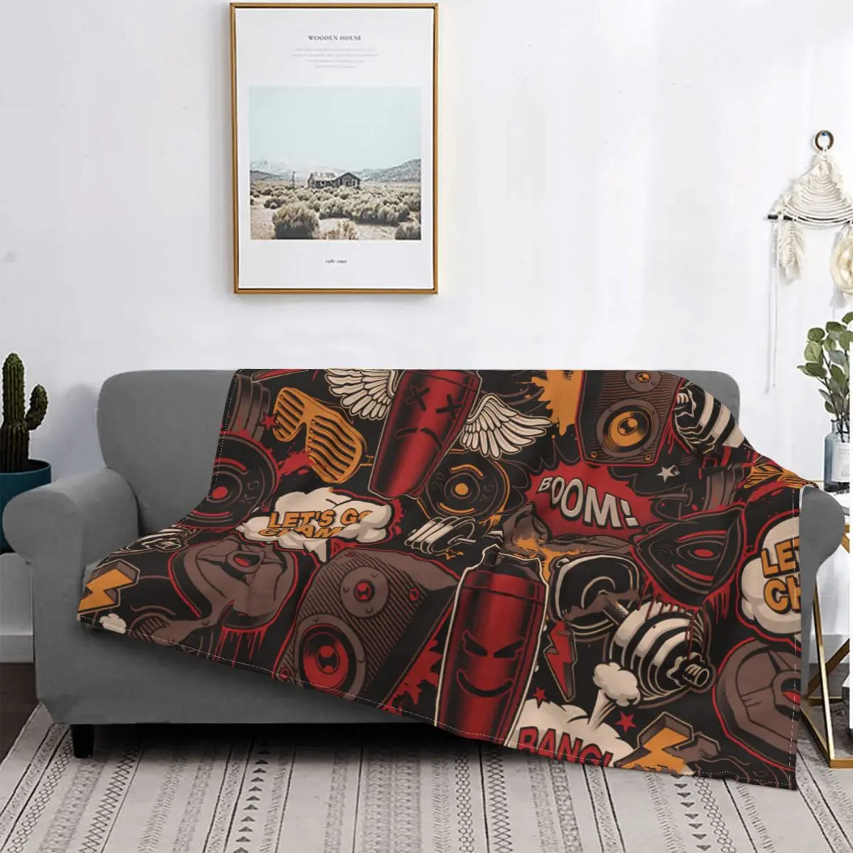 Gym In Graffiti Style With Cartoony Barbells Blanket Graffiti Art Flannel Cute Throw Blankets For Bedding Plush Thin Quilt