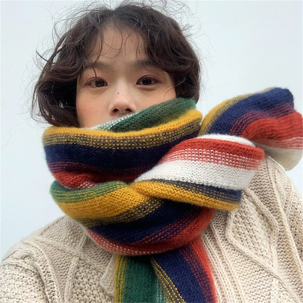 2024 Women\'s Striped Knitted Scarf Winter Pashmina Rainbow Hairy Shawls Lady Thick Cashmere Warm Scarves Blanket Hijab Bufanda