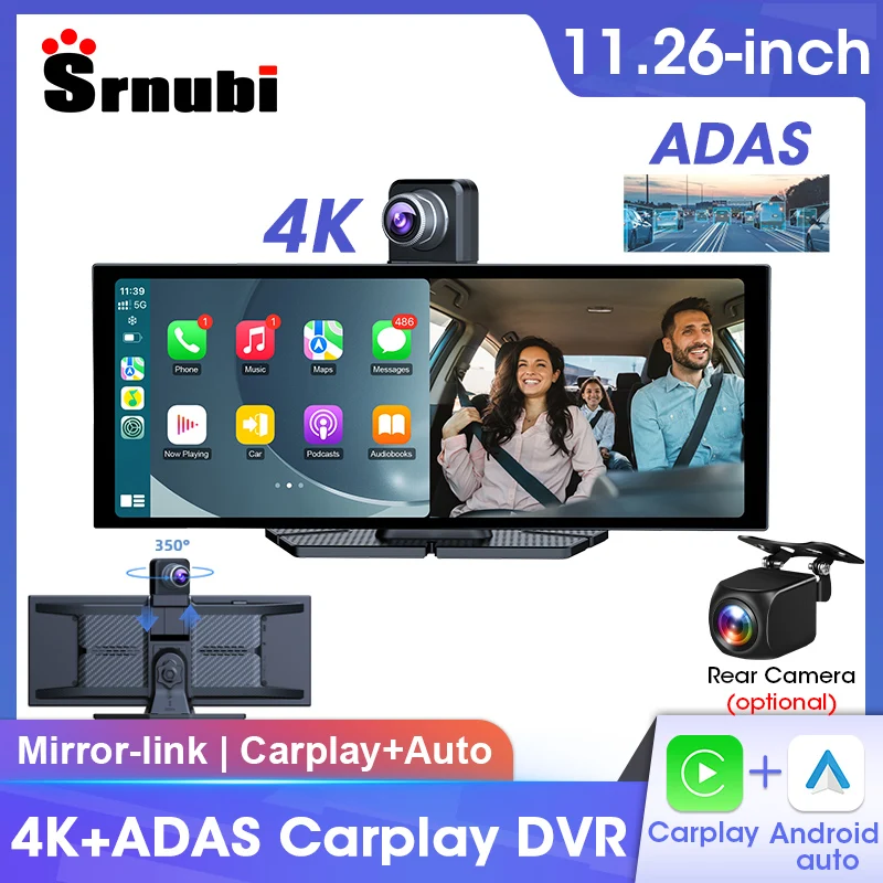 

Srnubi 11,26 "ADAS автомобильный видеорегистратор 4K + 1080P видеорегистратор с вращающимся передним объективом Carplay Android Auto Bluetooth двойной объектив экшн-камера рекордер