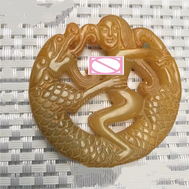 Ancient Xiuyu Old Jade Auspicious Dragon Beauty Statue Hand-Carved Jade Handle Piece Chinese