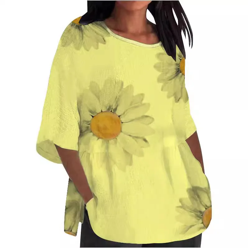 Women Autumn Spring Pullover Blouse Big Daisy Print O Neck 3/4 Sleeve Casual Loose Basic Pink Yellow Shirt Fall Tops  Blusas