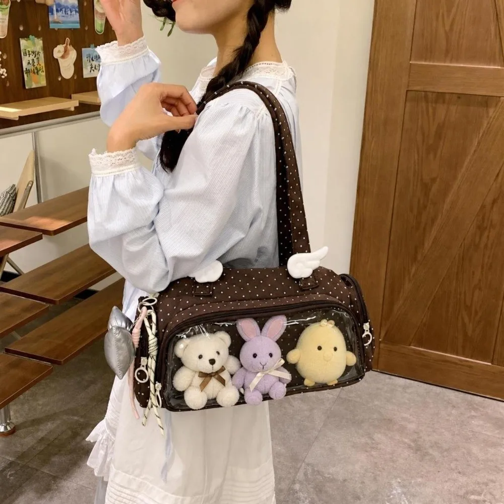 Y2K Style Polka Dot Shoulder Bag Angel Wing Ornament Large Capacity Anime Convention Ita Bag Clear Window Daily Tote Handbag