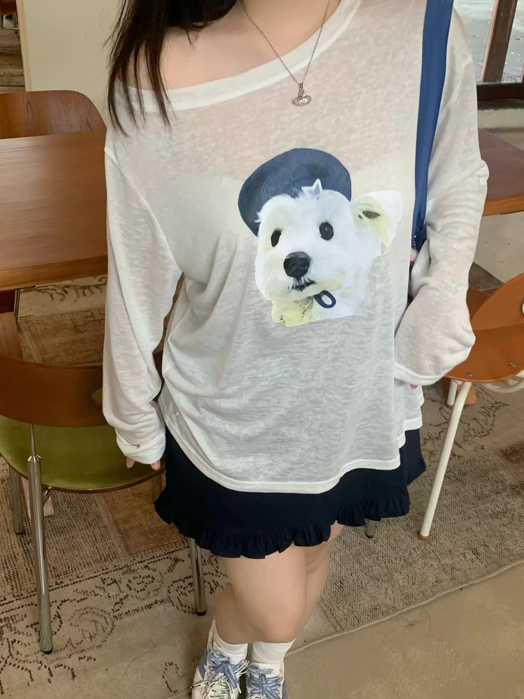 

Summer Long Sleeve Shoulder Bared Dog Print T-Shirt Cover up Women's Loose Fit Fashion Korean Style Sun Protection Top