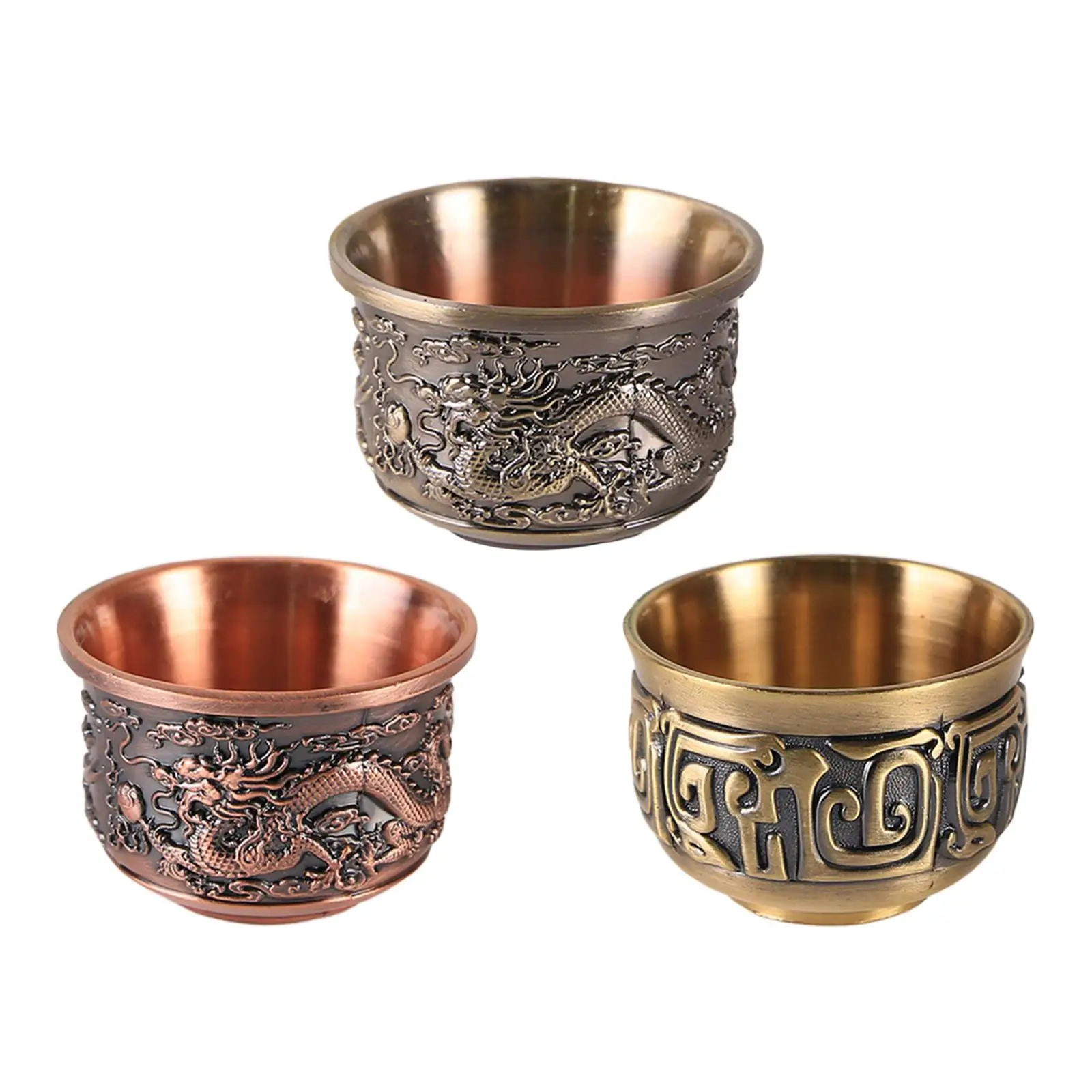 Vintage Metal Shot Glass Dragon and Phoenix Engraving Pattern Decoration Mini Liquor Cup for Rum Bourbon Brandy Vodka 25 ml