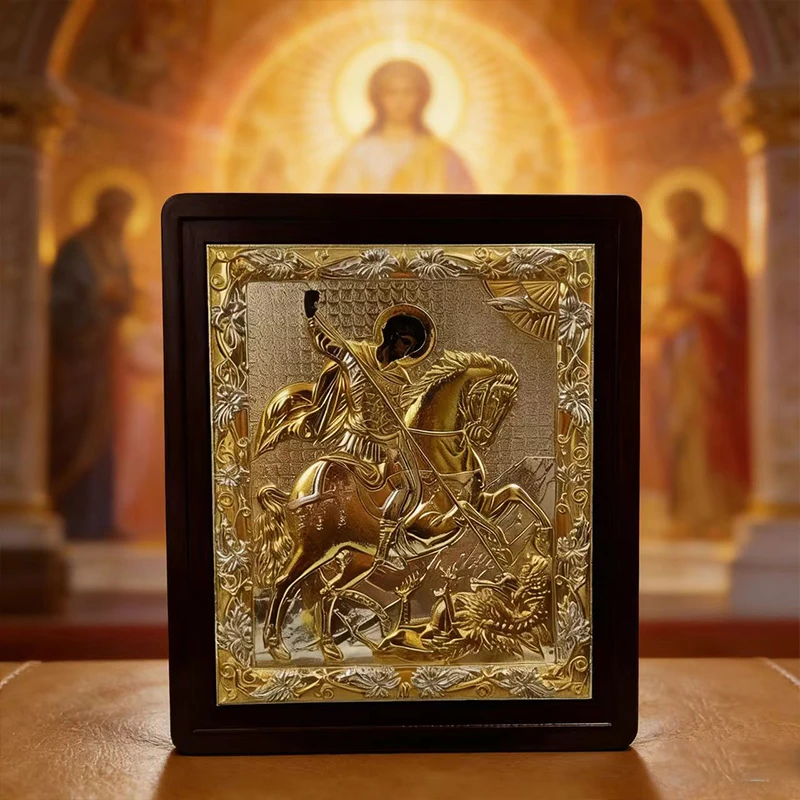 Icono Ortodoxo de San Jorge Chapado en Oro y Plata Bizantino con Marco de Madera para Liturgia de Iglesia, Altar del Hogar, Devoción, Regalo Cristiano