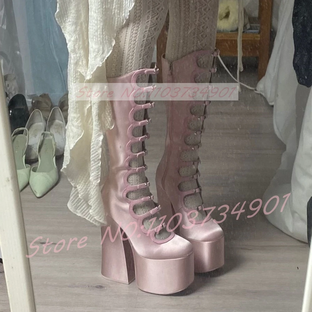 

Pink Satin Platform Buckle Strappy Mid Calf Boots Women Lolita Round Toe Hollow Long Boots Lady Trendy Slim Gothic Chunky Heels