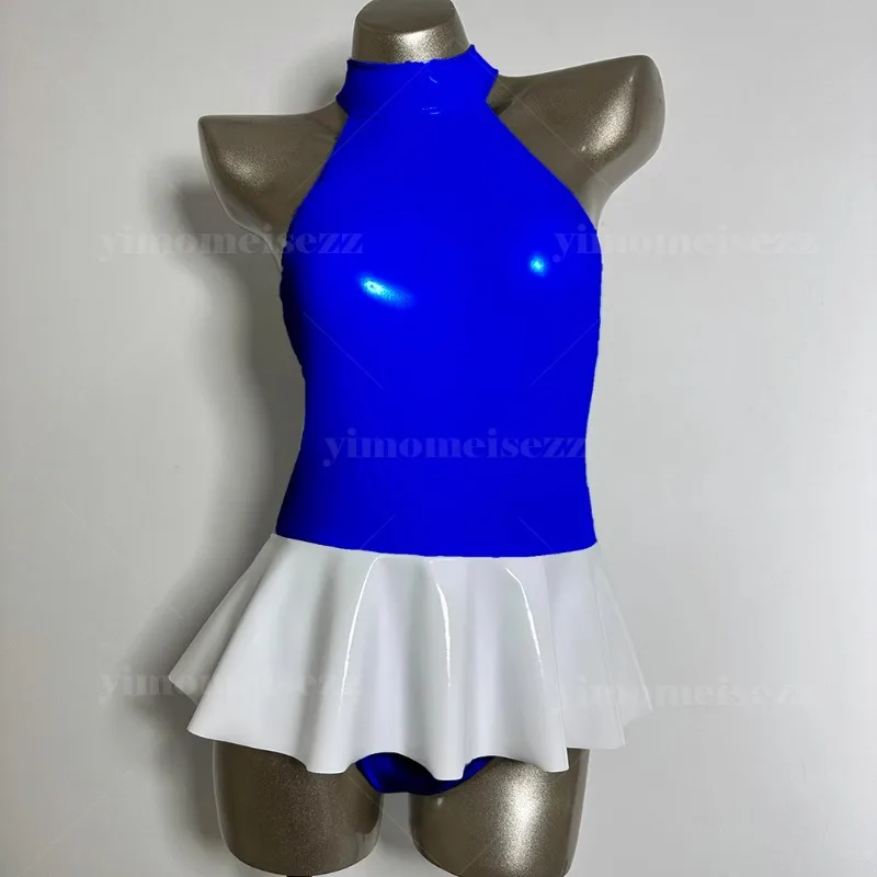 Personalizado pendurado pescoço macacão palco desempenho vestido sexy sem costas outfit plissado borda mini saia espelho material brilhante