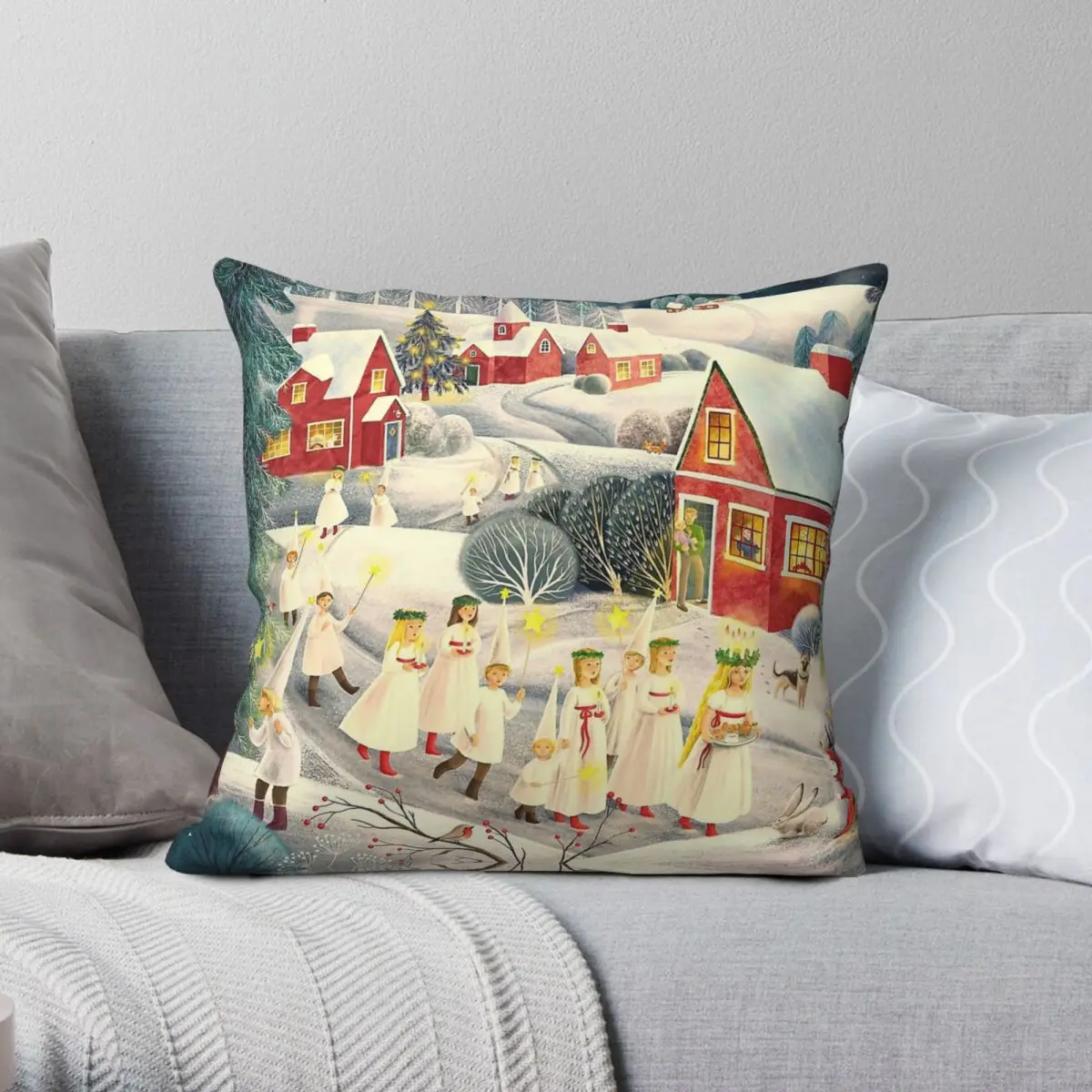 Santa luzia inverno neve quadrado fronha poliéster linho veludo padrão zip decorativo fronha capa de almofada para casa