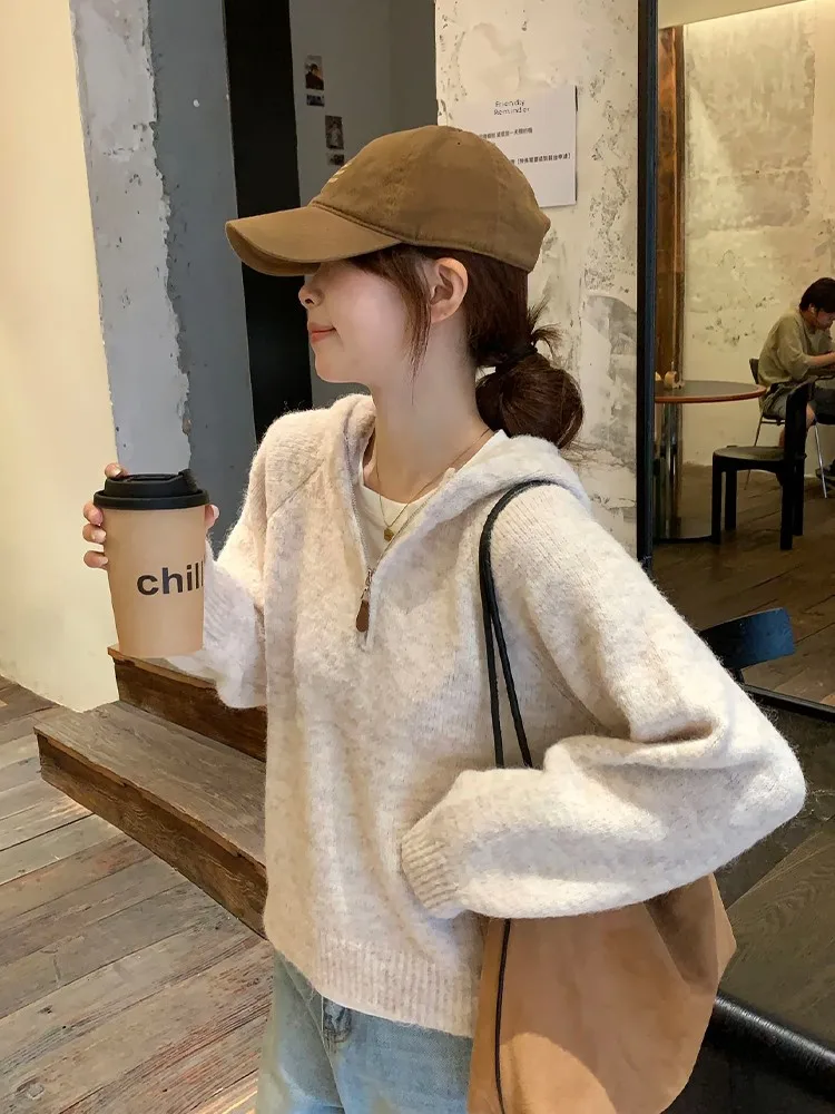 

Korean Style Soft Cozy Zipper Hoodie Long Sleeve Knitted Sweater Women's Autumn Lazy Half Open Collar Jacket Top