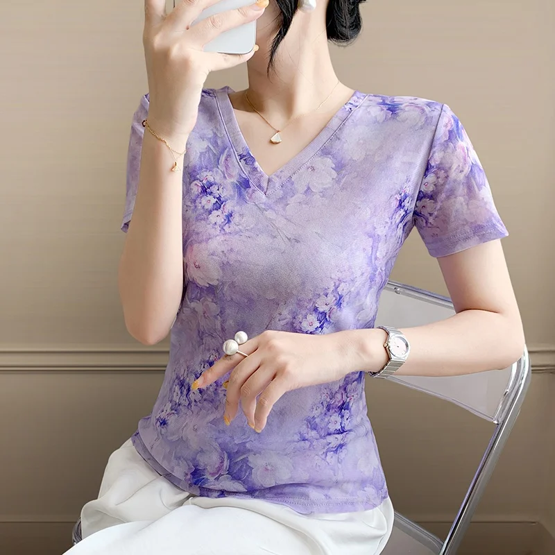 Summer Faion Floral Print Me ort Sve T-irt Women Slim Fit V-Ne f Sve Top Trendy Street Sle Moisture ng