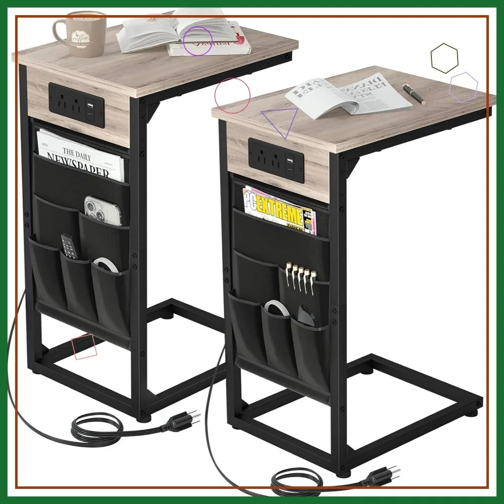 

C-образный торцевой столик с зарядной станцией, набор подносов для телевизора из 2 предметов, приставной столик для дивана с USB-портами и хранилищем для гостиной, серый