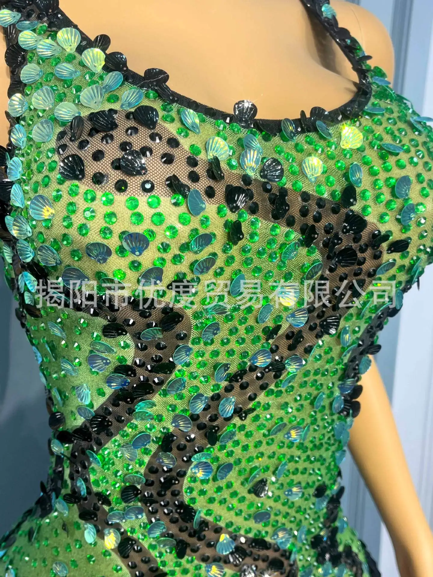 المغني مطرزة حجر الراين قطعة واحدة عالية شوكة المرحلة دعوى قذيفة الزخرفية الرقص دعوى الحلاقة الخضراء ملابس الحفلات فستان للنساء