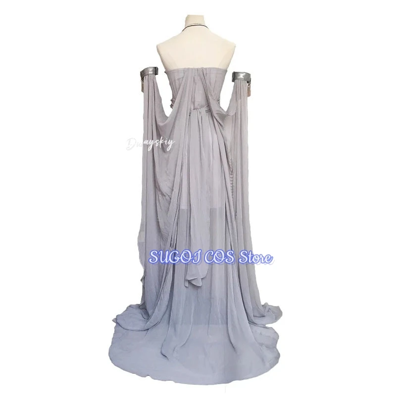 أزياء الملكة دانيليس التأثيرية للنساء من القرون الوسطى فستان ذيل طويل رمادي اللون مطوي أنيق بدون أكتاف فساتين سهرة تمويه