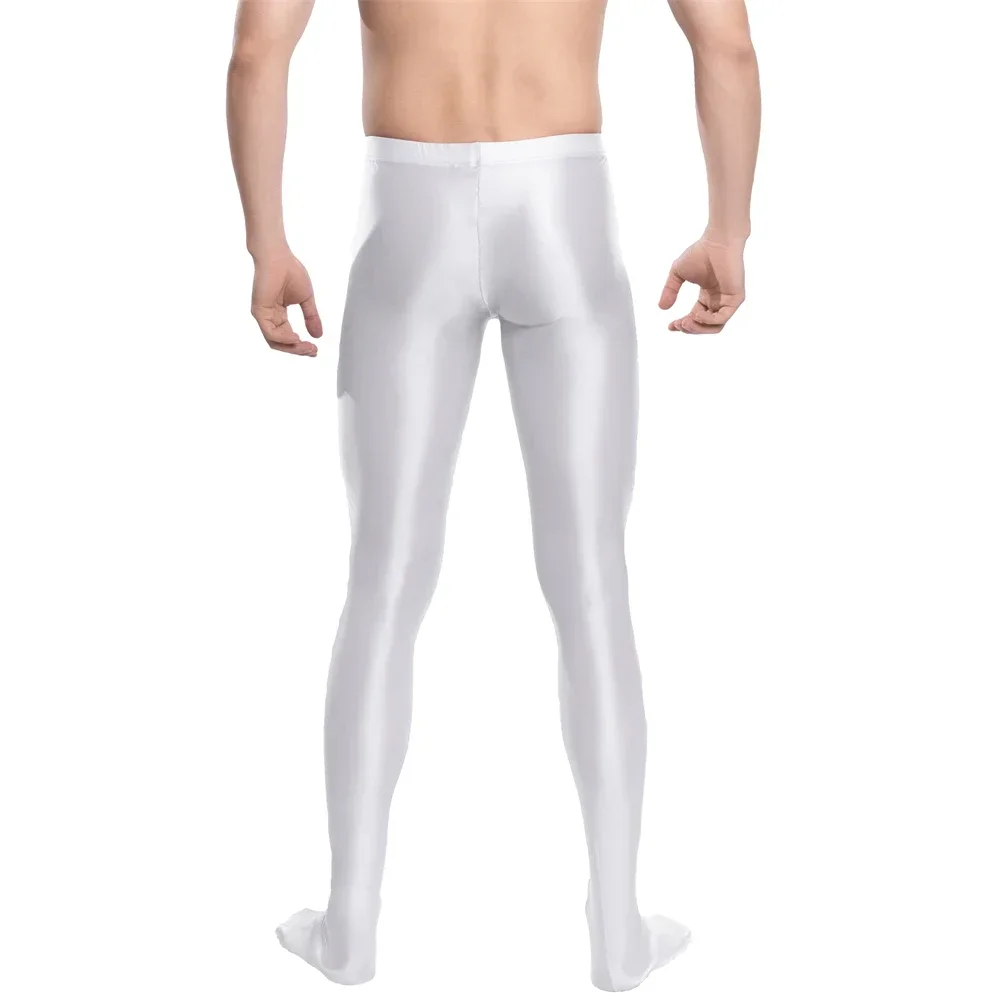 Men's Long Johns Sexy Sheer Glossy Pantyhose Solid Color Oil Smooth Tights Leggings Elastic Home Pants Long Bulge Pouch Trousers