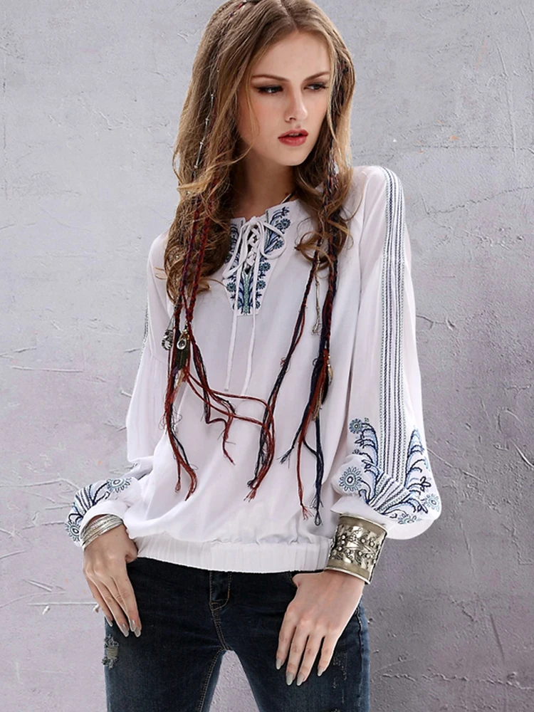 KHALEE YOSE Boho Vintage Floral Embroidery Blouse Shirt White Summer Spring Mexican Shirt Women Lace Tie Up Ethnic Shirt Top New