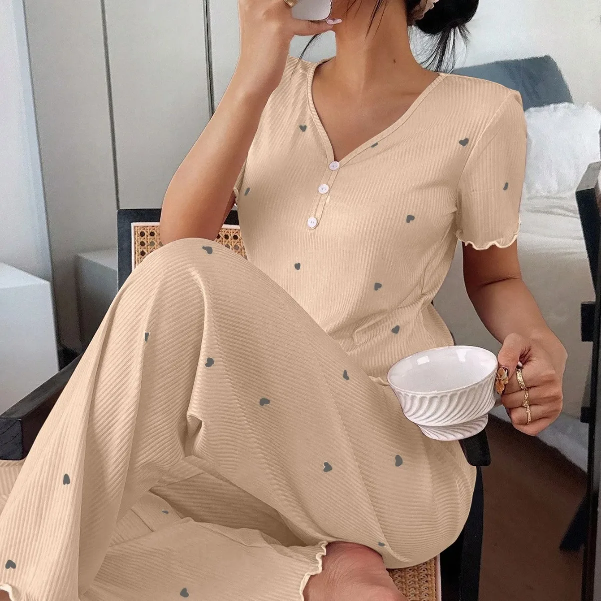 

Casual Printed Pajamas For Women Two Pieces Sleepwear Women's Pajama Trousers Loungewear Sets Nightwear Female Home Suit Clothes