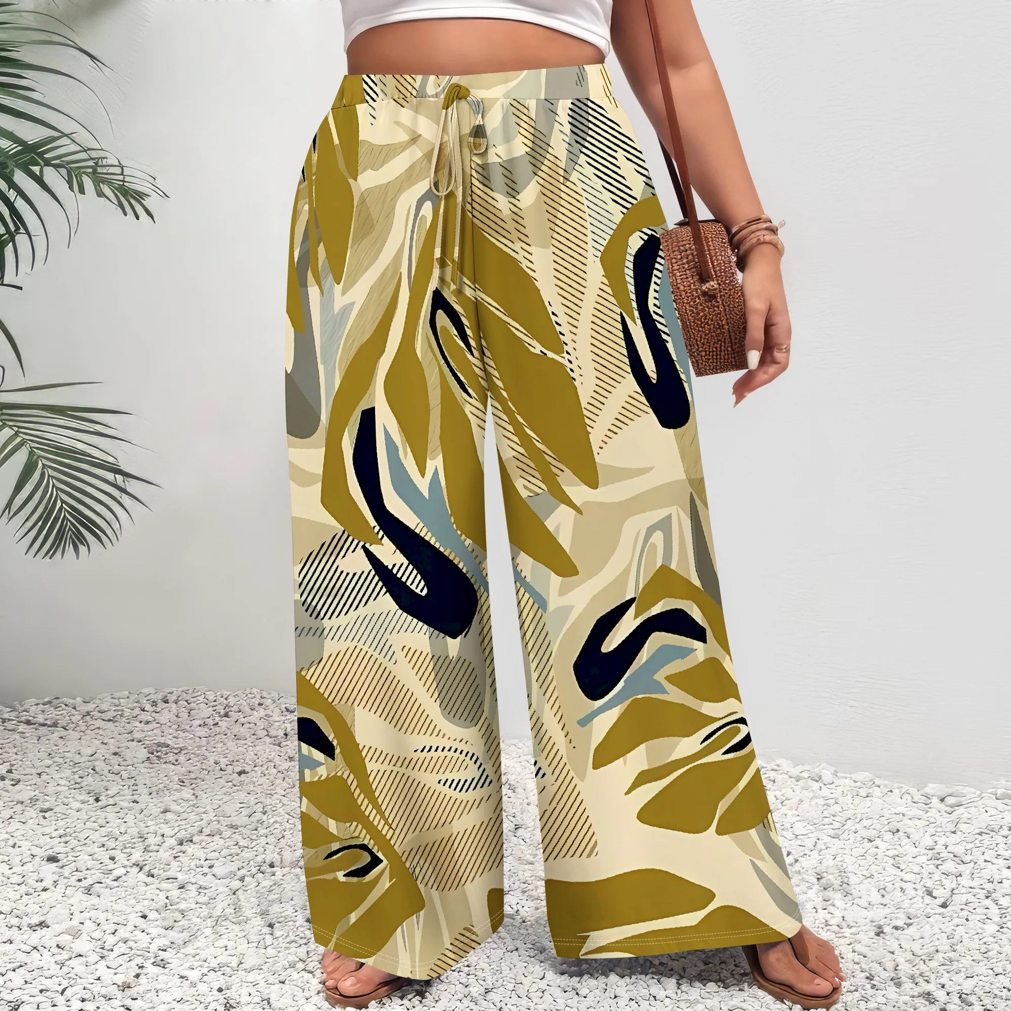 

Plus Size Women's Wide Leg Pants Abstract Leaf Print Elastic Waist High Waist Loose Casual Summer Trousers