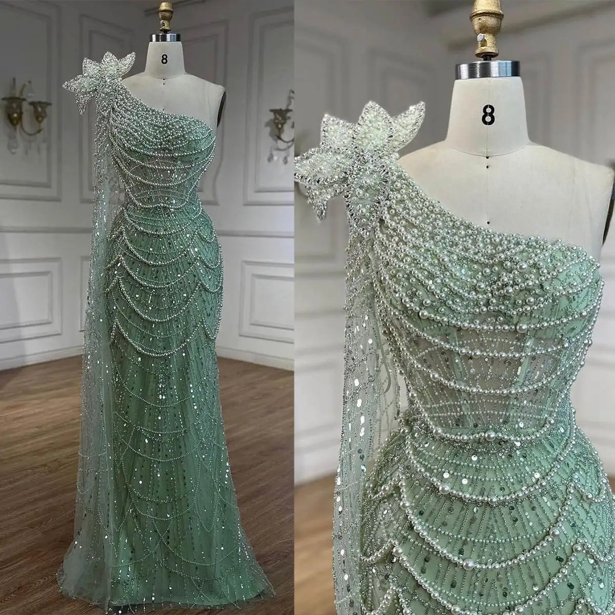 Exquisite Pearls Evening Gowns Sequins Beading Mermaid Prom Dresses Illusion One Shoulder Long Sleeve Slim Party Dress