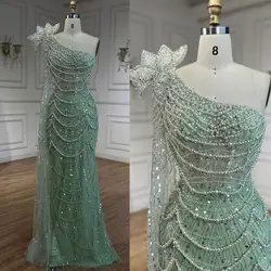 Exquisite Pearls Evening Gowns Sequins Beading Mermaid Prom Dresses Illusion One Shoulder Long Sleeve Slim Party Dress