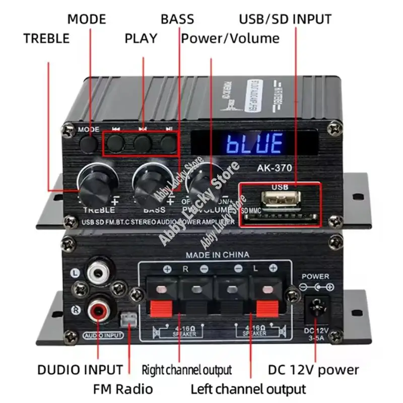 Усилитель звука 2,0 канала HIFI Bluetooth усилитель для автомобиля для дома цифровое аудио 12V3A AK370 Bass Treble-A79U
