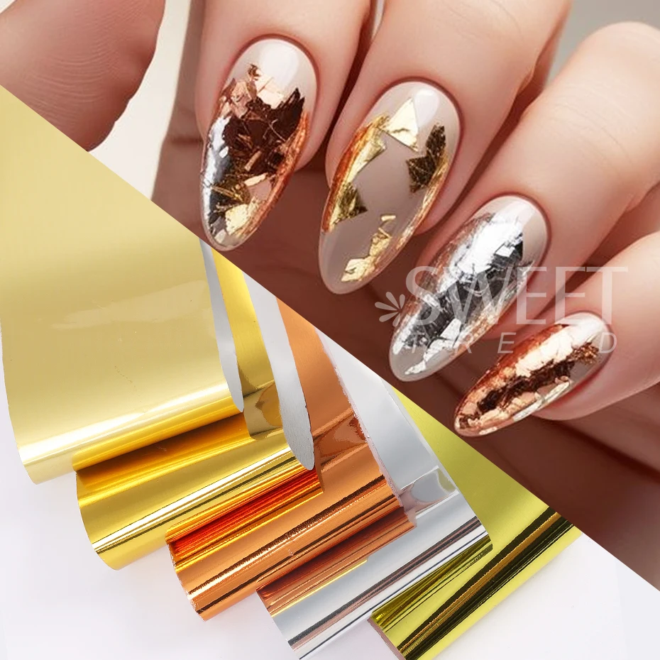 10pcs 금속 네일 전송 포일 거울 골드 실버 보라색 별이 빛나는 종이 젤 폴리쉬 전송 스티커 DIY 패턴 매니큐어 장식