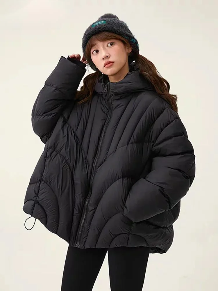Fashion Camel Grey Cotton-padded Coat Women's Hooded Loose Zipper Long Sleeves Quilted Jacket Winte EQAJ