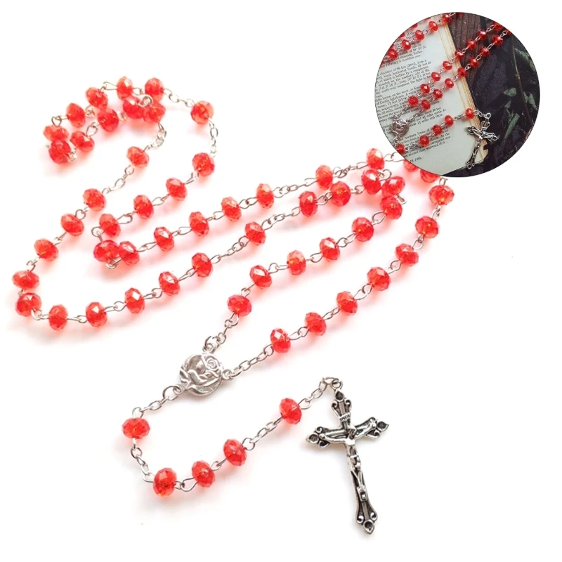 Crystal Beads Rosary Necklaces Crucifix Pendant Sweater Chain Catholic Religious Jewelry Women Girl Prayer Gift