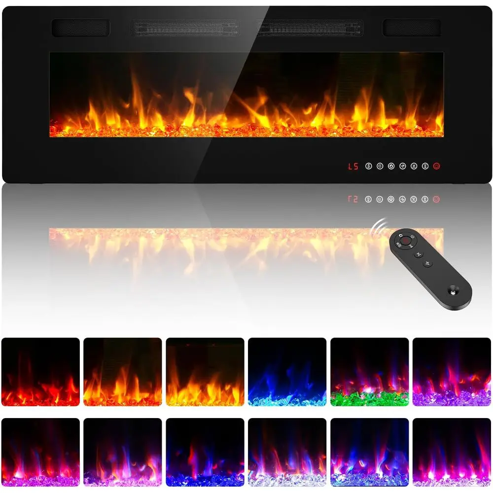 

Ultra-Slim Electric Fireplace Insert, ETL Certified, 3D Flame, Crystals, Remote & Touch Controls, 750W/1500W, 500 Sq.ft, 8-Hour