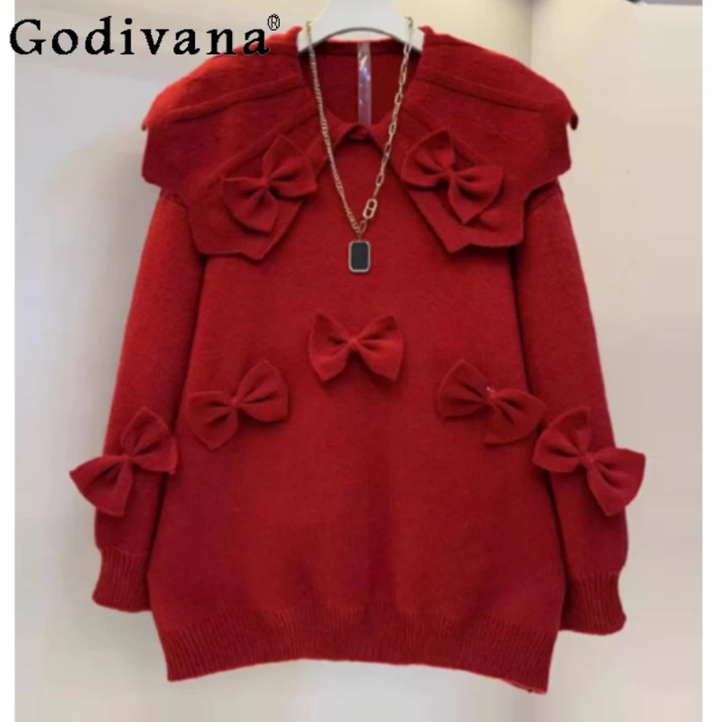 Sweat-shirt à manches longues pour femme, col Peter Pan, grande taille, automne-hiver, rouge, nouvelle année, réduction d'âge, style coréen, pull de Noël