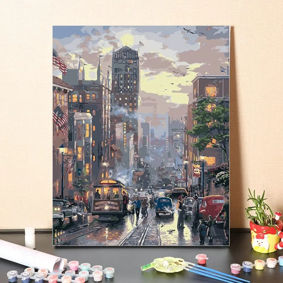 1set Digital oil painting DIY oil painting city street view hand drawn decoration painting tram landscape painting