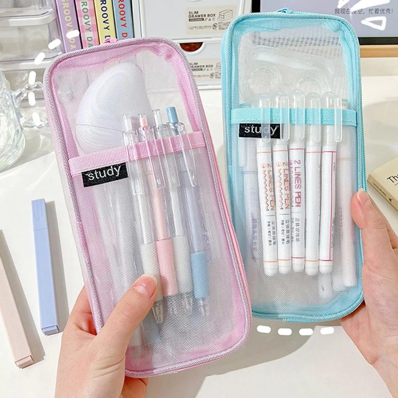 

Large Kawaii Pencil Cases Transparent Gauze Stationery Storage Pouch Cute Mesh Pencil Bags Pens Big Holder Girls School Supplies