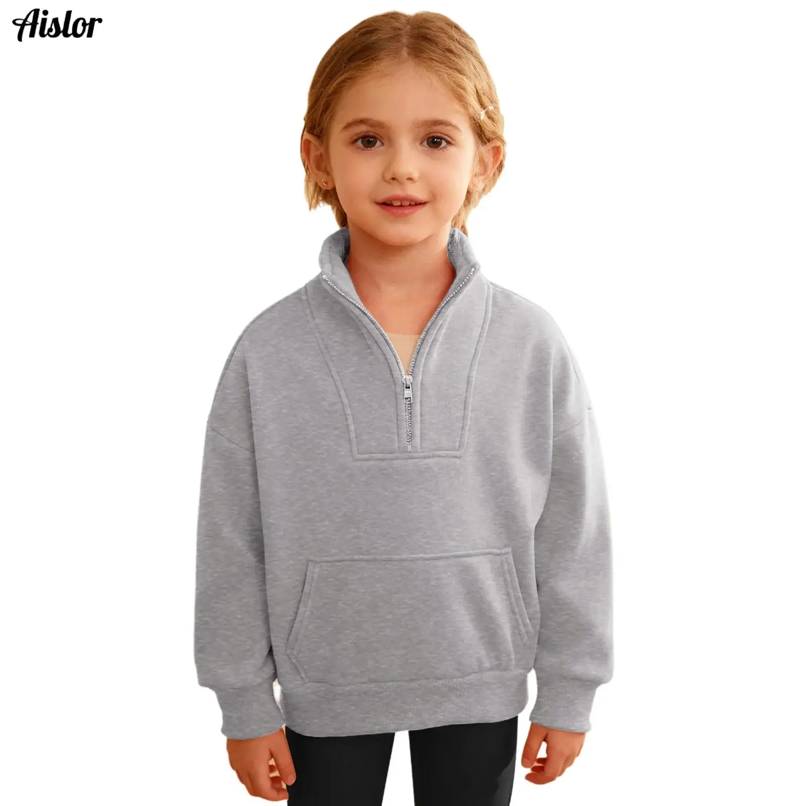 Kids Girls Sweatshirt Autumn Winter Fleece Lined Half-Zip Stand Collar Long Sleeve Pullover Tops with Pocket Casual Clothes