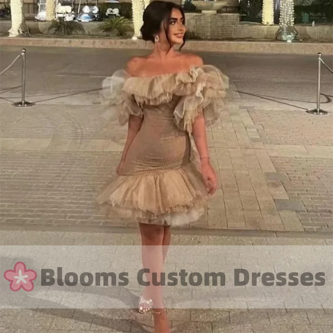 

Blooms Off Shoulder Pleat Tulle Prom Dress Mermaid Sleeveless Short Prom Dress Above Knee Party Gown Cocktail Formal Dress