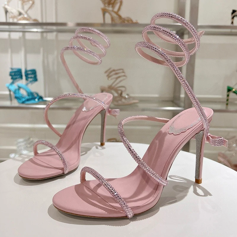 Sandalia Women Glisten Crystal Bow Decor Gladiator Snake Shaped Elastic Strap Thin Hight Heels Sandals Summer Party Dress Shoes