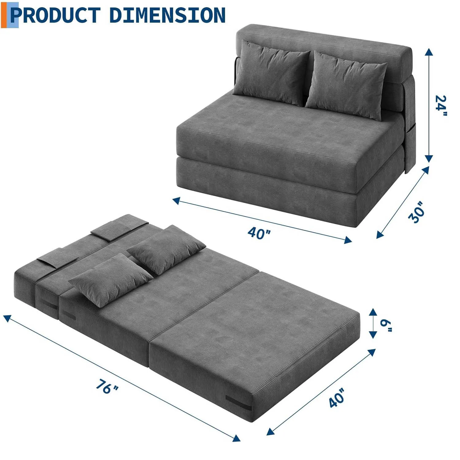 Klappbares Schlafsofa und Stuhlbett, umwandelbares Schlafsofa, ausklappbares Sofa, Couch mit Kissen, getufteter Boden, Lounge für Wohnzimmer, Schlafzimmer – Detail 2
