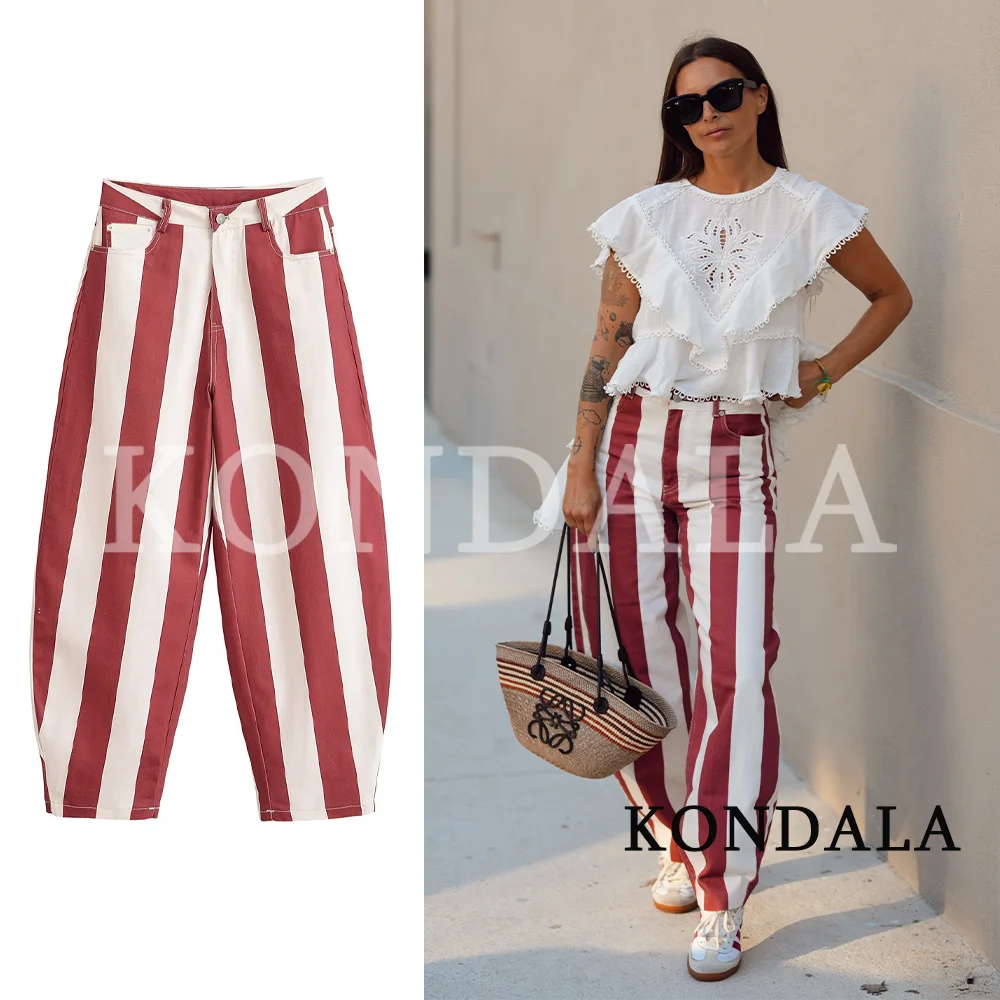 KONDALA Women Leisure Striped Tapered Denim Pants New 2026 Early Autumn Fall Trendy High Street Pants Elegant Commute Long Pants