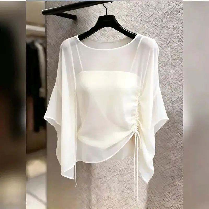 2026 Summer New Simplicity Elegant Lacing Solid Color O-neck Batwing Sleeve Blouse Ladies Fashion Perspective Irregular T-Shirts