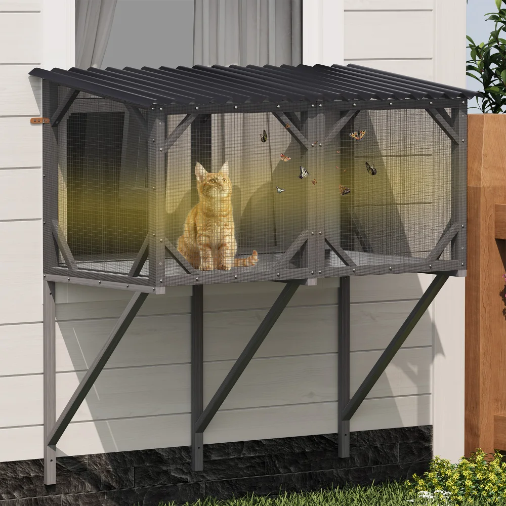 

《43.3" Cat Window Box Catio Enclosure with Bug Net - Sunbathing, Napping & Viewing, Large Cat Perch, All Weather》