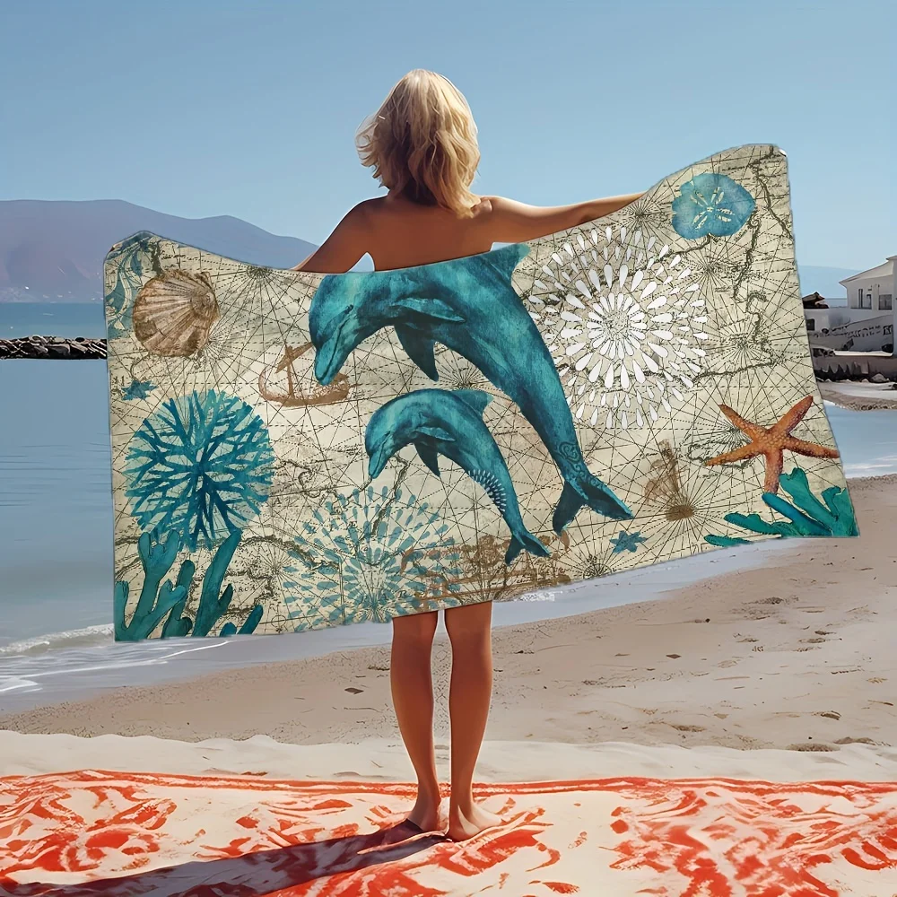 Dolphin pattern beach towel, quick drying, soft and absorbent, microfiber bath towel, suitable for outdoor swimming and camping