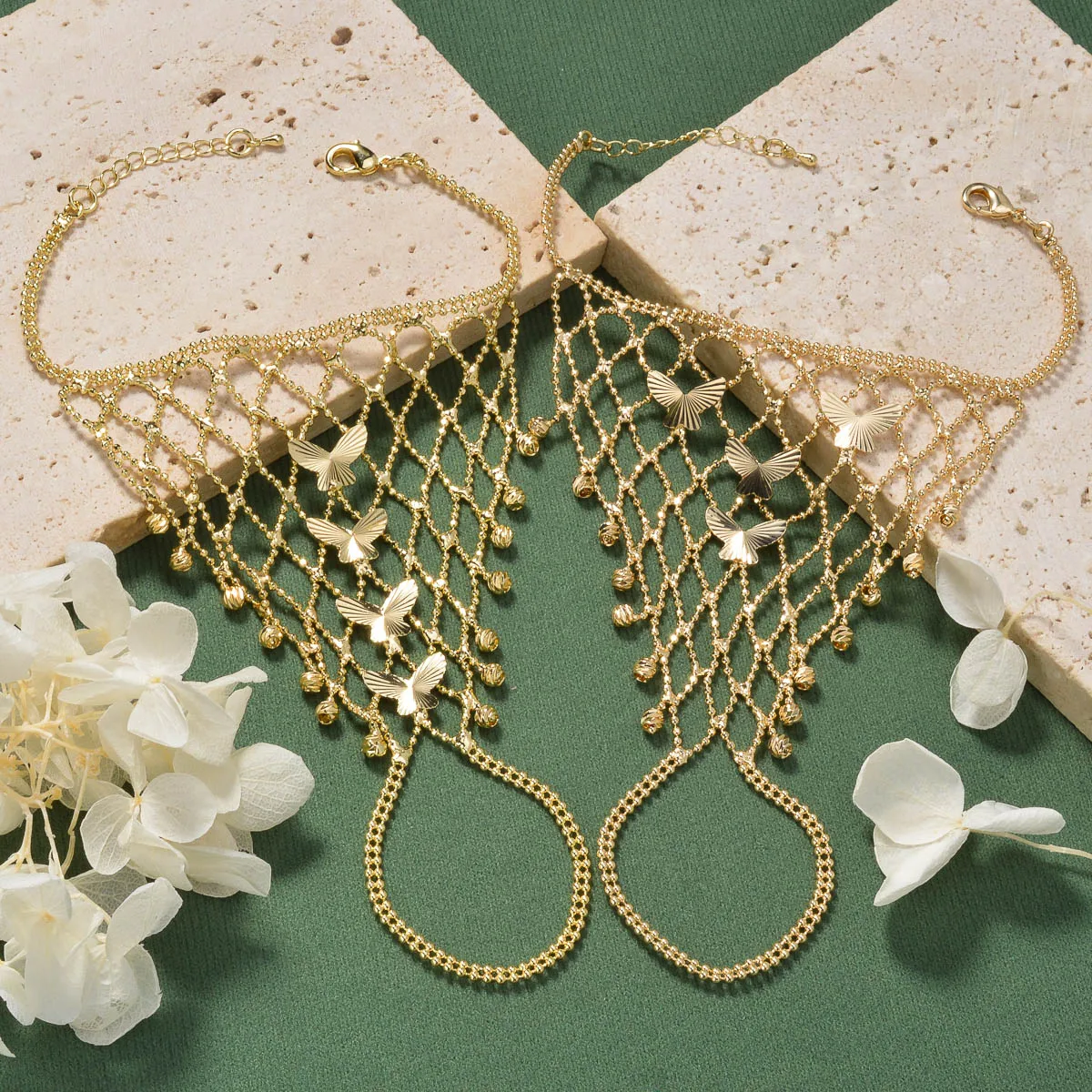 Gold Plated Hand Chain Bracelet With Finger Ring Hollow Mesh Butterfly Coin Tassel Hand Harness Wedding Party Women Jewelry